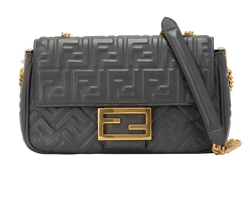 Embossed FF Baguette, Leather, Grey, 8BR793, DB, 3*